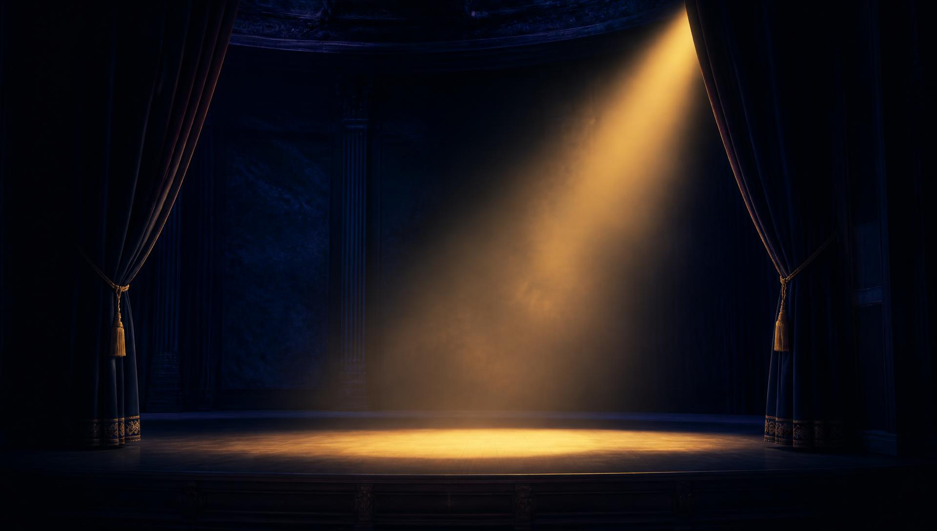 Palcoscenico teatrale illuminato da un occhio di bue dorato